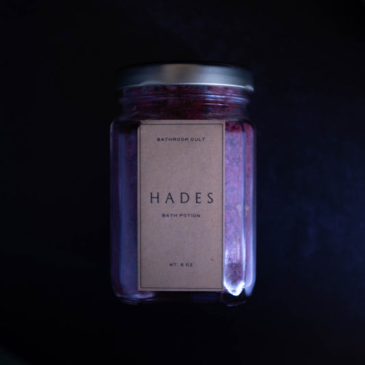 hades red pomegranate bath salts in glass jar