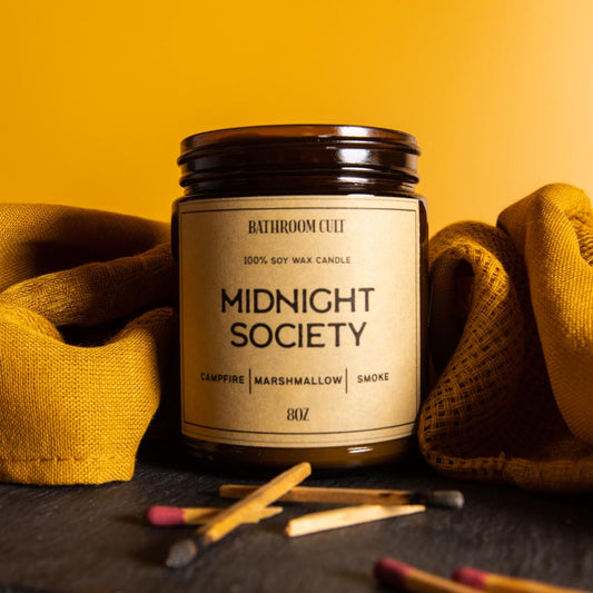 amber glass candle reading midnight society: campfire, marshmallow, smoke